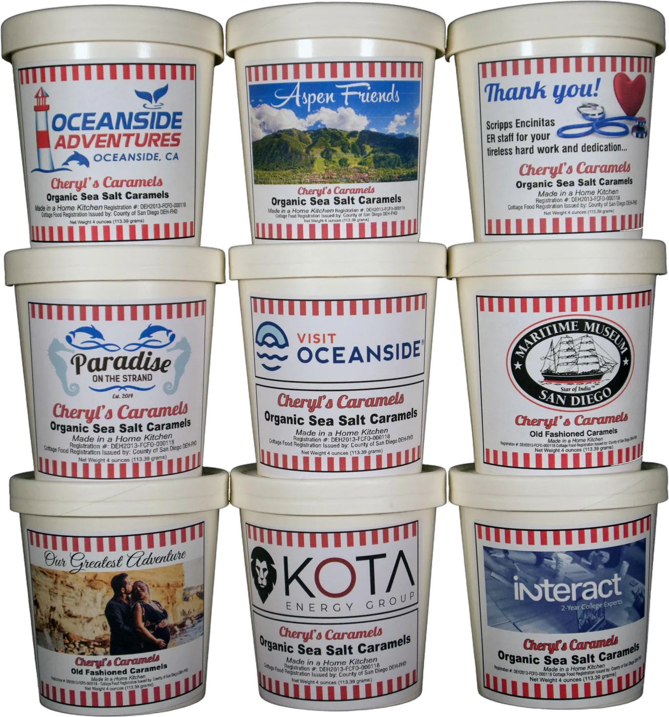 Nine custom-labeled tubs of Cheryl's Caramels made for Oceanside Adventures, Aspen Friends, a thank-you to the Scripps Encinitas ER staff, Paradise on the Strand, Visit Oceanside, the Maritime Museum of San Diego, a couple's photo, KOTA Energy Group and Interact