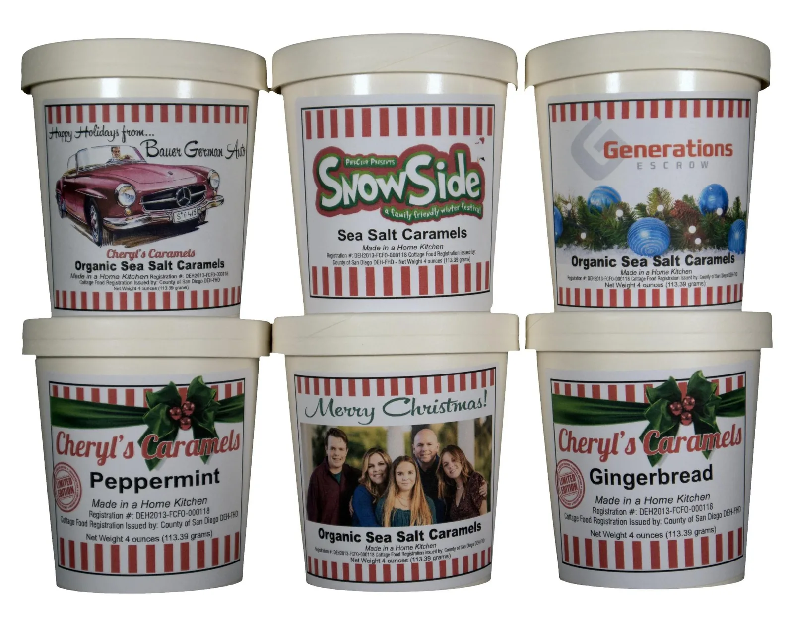 Six custom holiday tubs: a Bauer German Auto label with a vintage convertible, a SnowSide winter festival label, a Generations Escrow label with ornaments, a family's Merry Christmas photo, and Cheryl's Peppermint and Gingerbread holiday labels